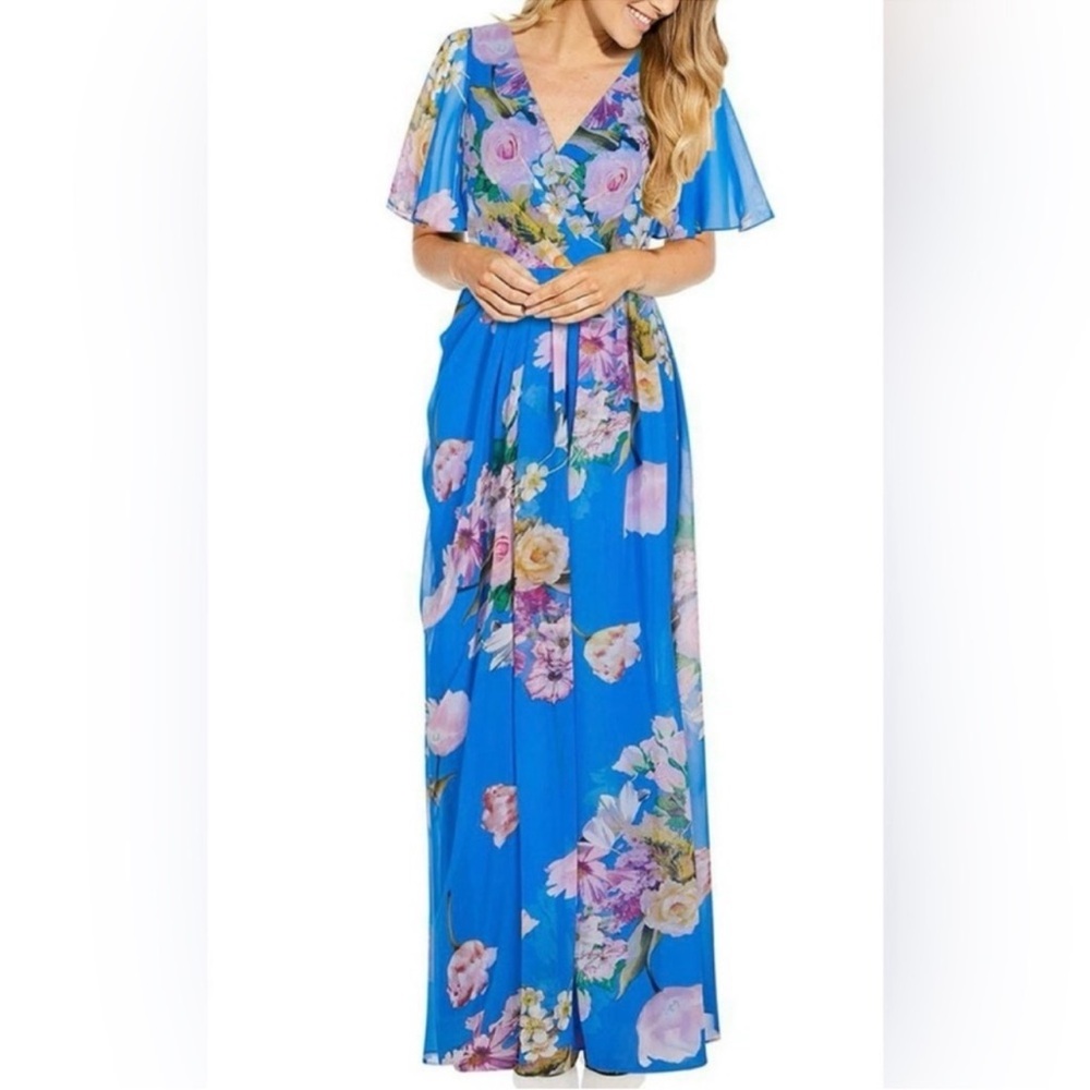 Nordstrom Adrianna Papell bright blue floral print maxi dress dress s 10- 12